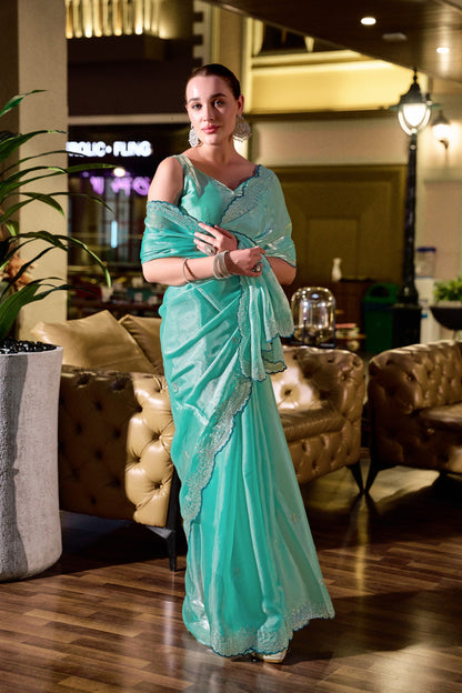 Sea Green Fancy Shimmer Chiffon Saree With Embroidery Work