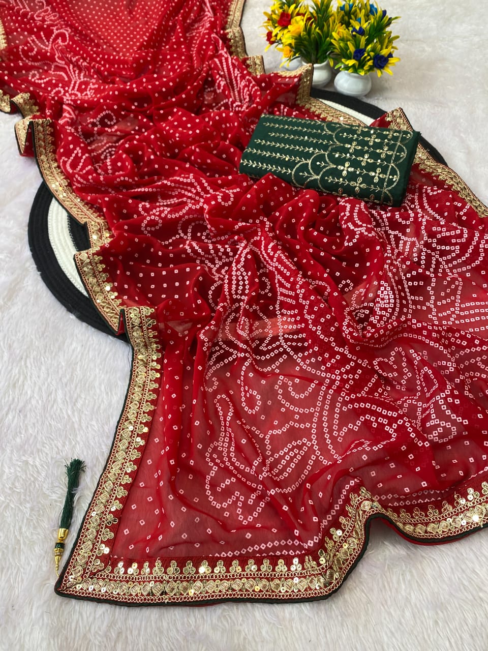 Red Color Georgette Bandhani Saree With Foil Print Work