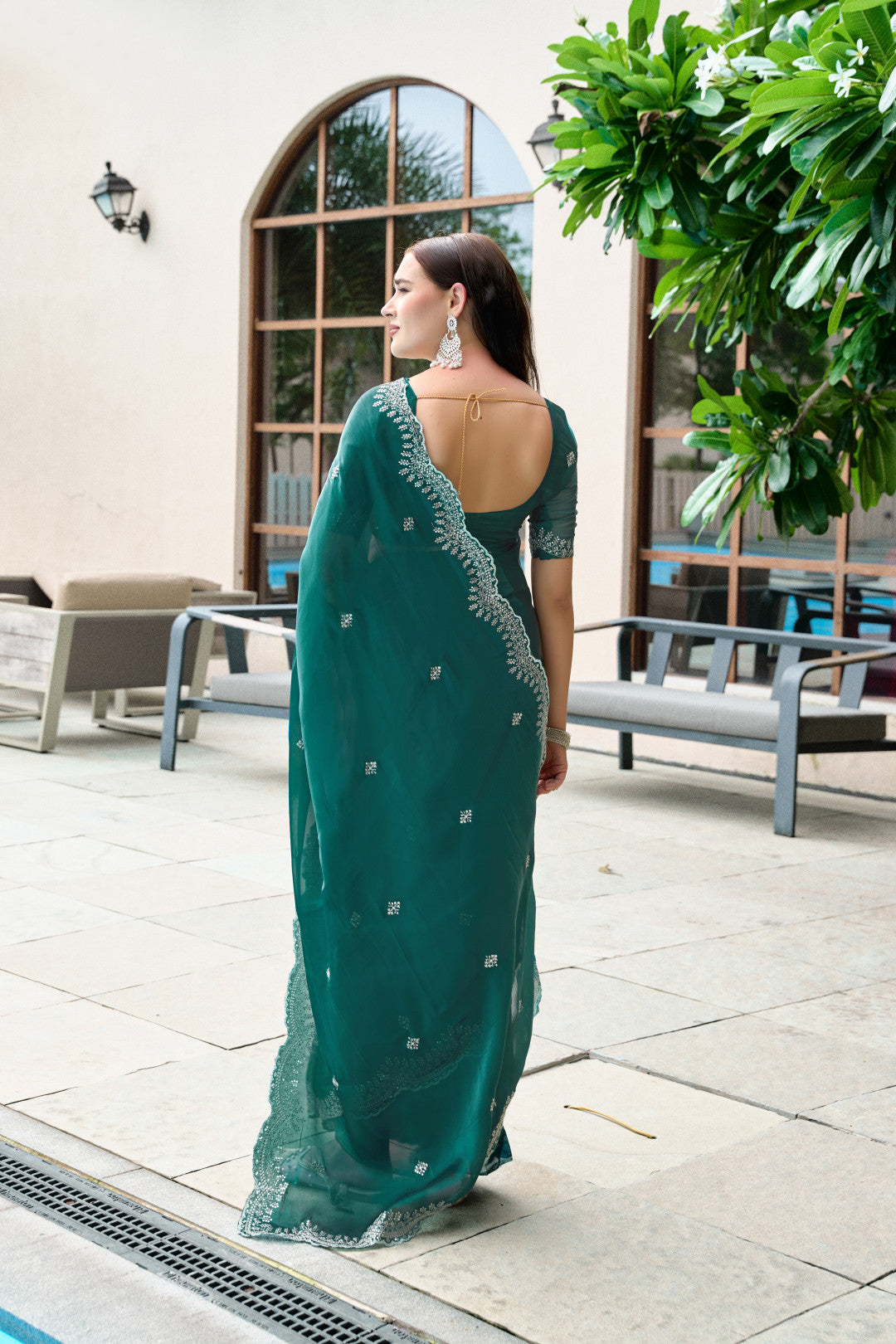 Dark Green Fancy Shimmer Chiffon Saree With Embroidery Work