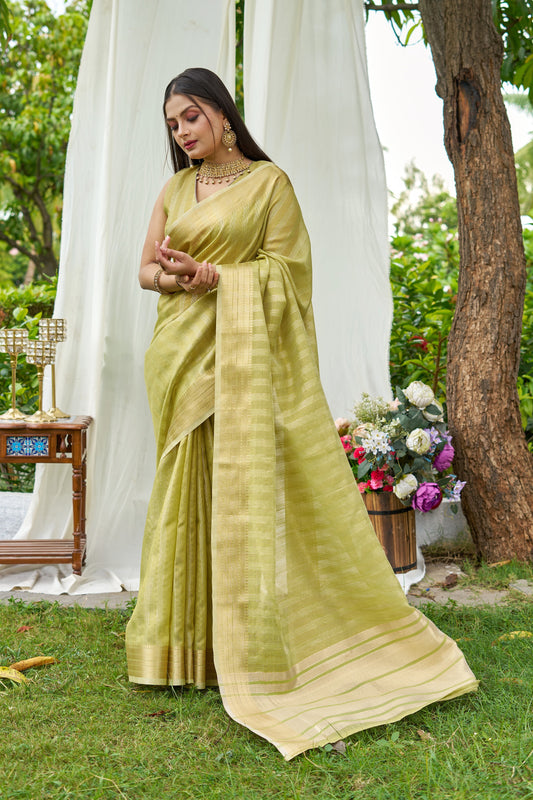 Pista Green Colour Linen Cotton Saree With Zari Weaving Border