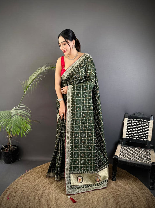 Mahendi Green Traditional Blooming Vichitra Khadi Bandhej Silk Saree With Sequence Work