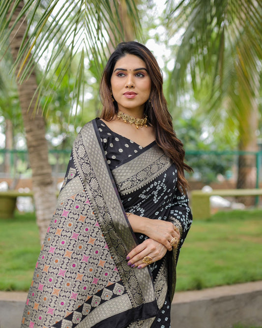 Black Color Hand Bandhej Silk Saree With Zari Weaving Work