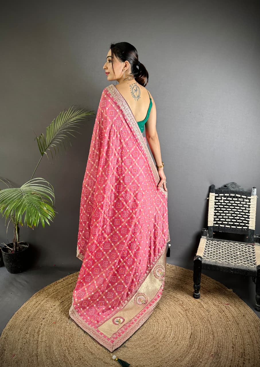 Baby Pink Traditional Blooming Vichitra Khadi Bandhej Silk Saree With Sequence Work