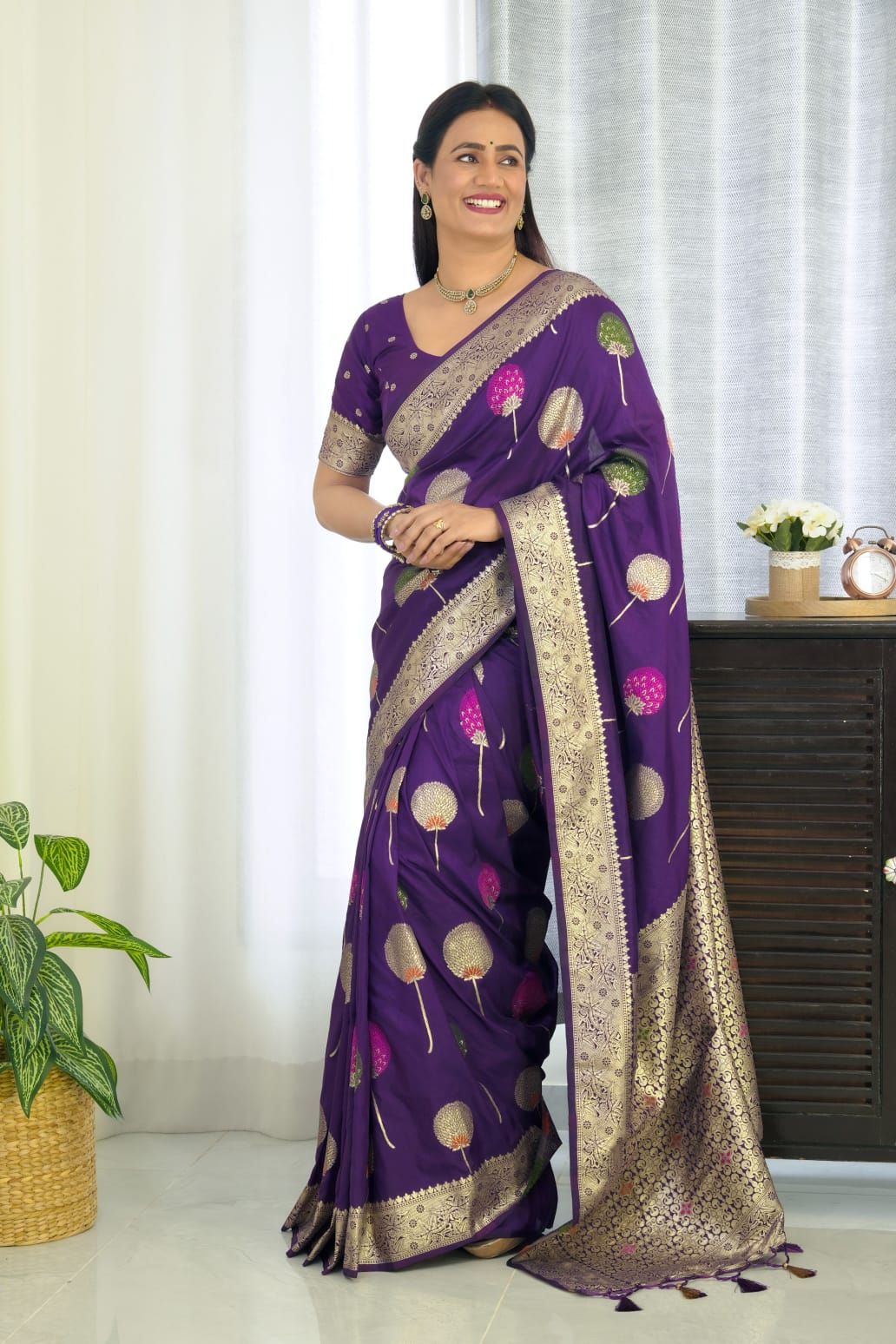 Purple Khaddi Georgette Banarasi Saree With Meenakari Weaving Work