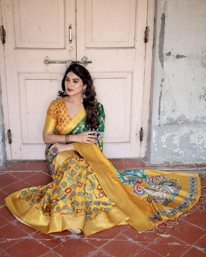 Multi Kalamkari Digital Printed Tussar Silk Saree With Zari Motif Border