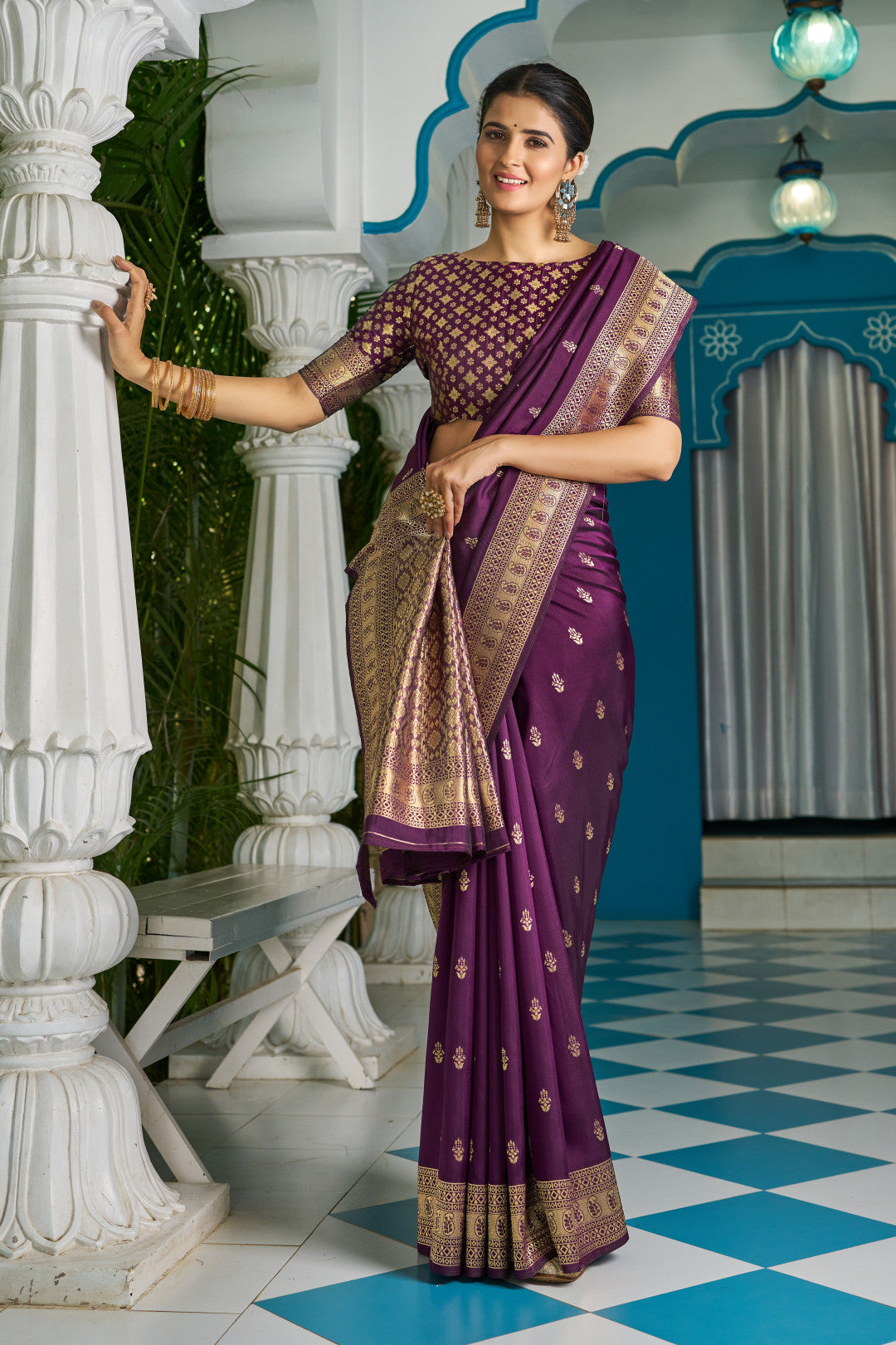 Wine Banarasi Silk Blend Zari Woven Work