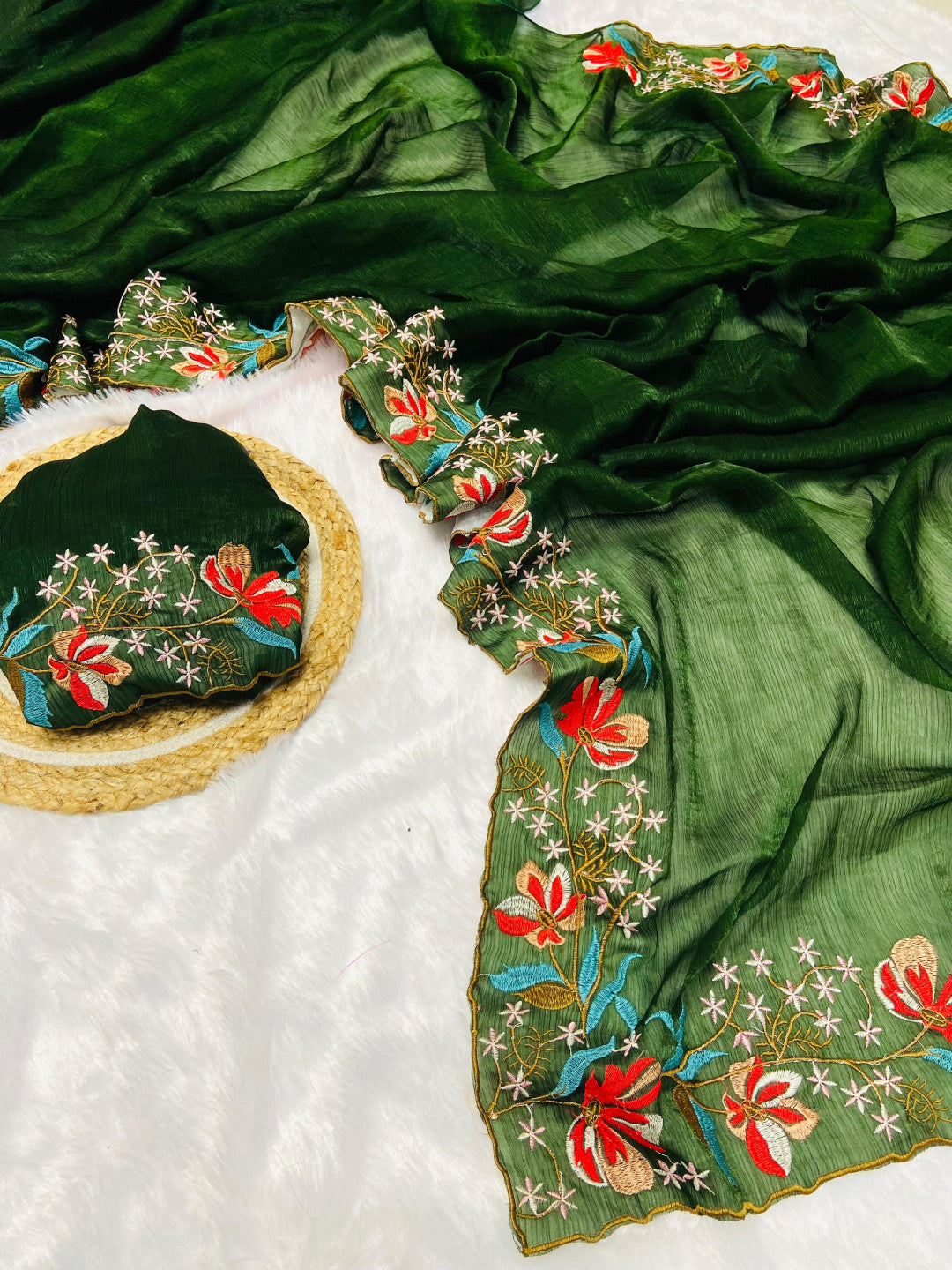 Green Fancy Fandy Silk Saree With Embroidery Work