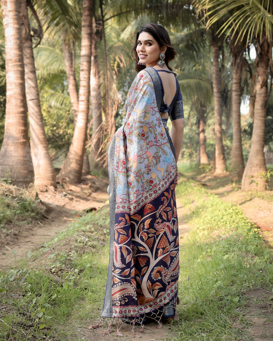 Multi Fancy Kalamkari Digital Printed Tussar Silk Saree
