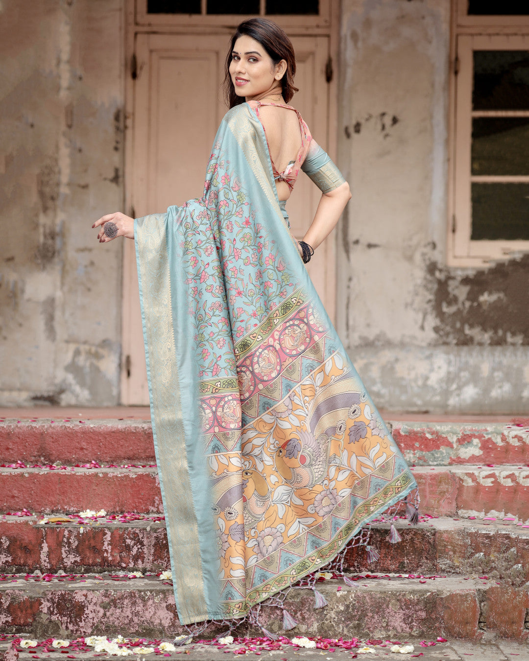 Sky Blue Kalamkari Digital Printed Dola Silk Saree With Gold Zari Border