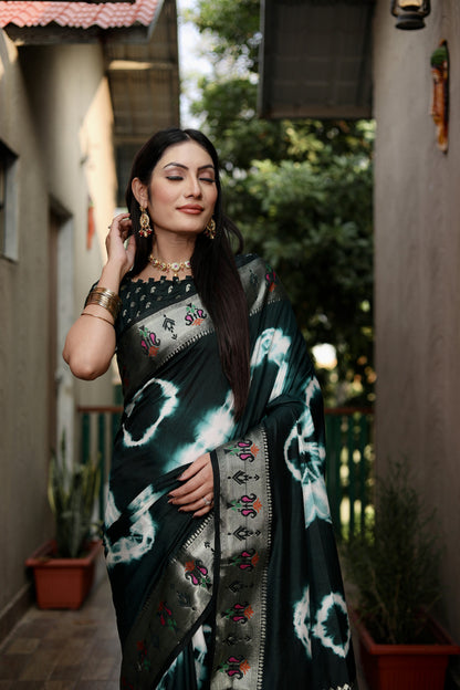 Green Color Soft Dola Silk Saree With Shibori Print & Zari Weaving Work