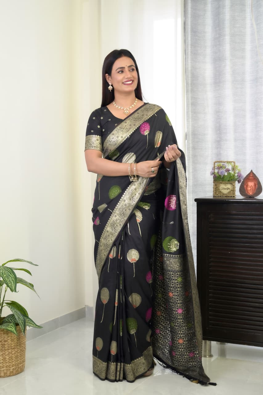 Black Khaddi Georgette Banarasi Saree With Meenakari Weaving Work