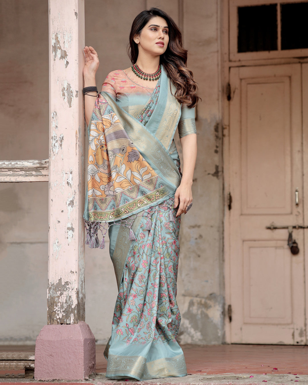 Sky Blue Kalamkari Digital Printed Dola Silk Saree With Gold Zari Border