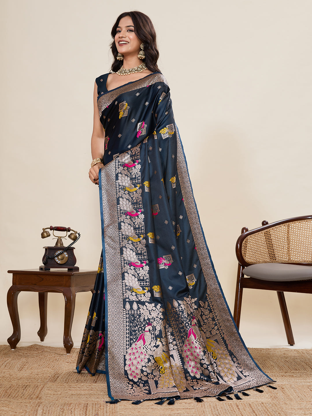 Navy Blue Soft Satin Silk Saree With Zari Weaving Work And Paithani Pallu