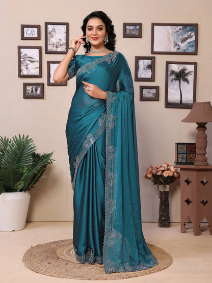 Fancy Firoji Rangoli Silk Saree With Diamond Work