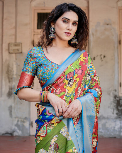Multi Fancy Kalamkari Digital Printed Tussar Silk Saree