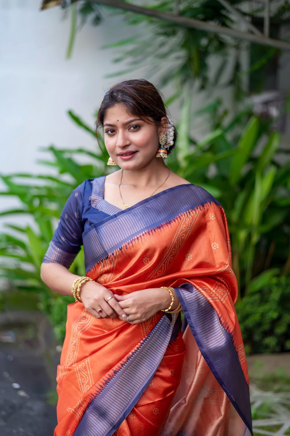 Orange Color Tussar Silk Saree With Digital Printed Work