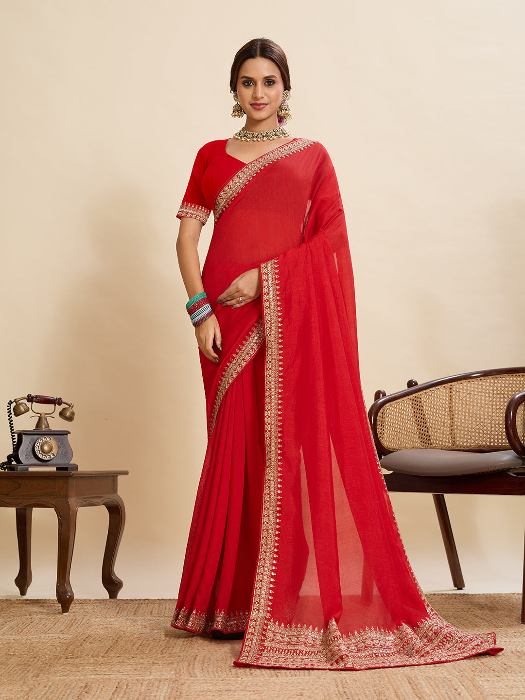 Red Soft Vichitra Silk Saree With Embroidery Work