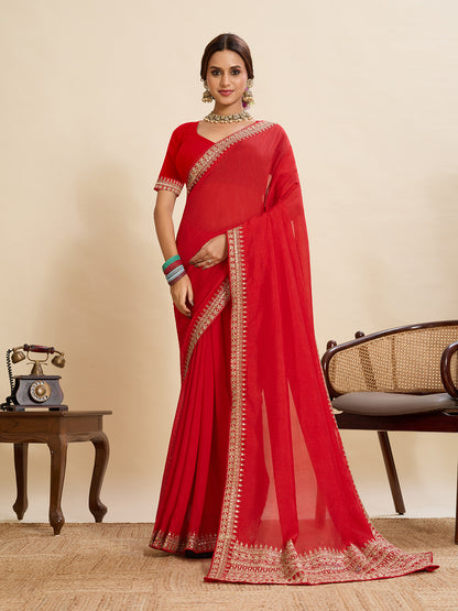 Red Soft Vichitra Silk Saree With Embroidery Work