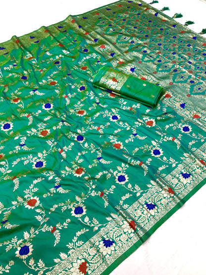 Rama Green Banarasi Silk Saree With Meenakari Zari Weaving Work