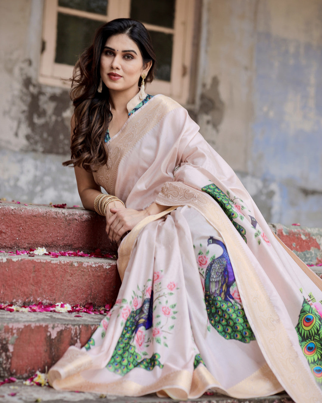 Pastel Pink Peacock Kalamkari Printed Tussar Silk Saree With Zari Motif Border