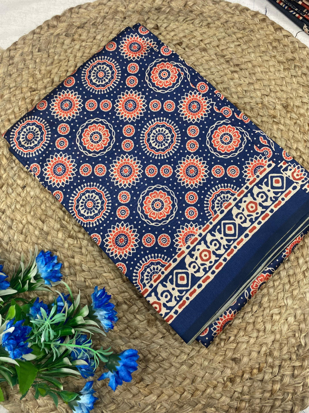 Navy Blue Ajrakh Print Tussar Silk Saree