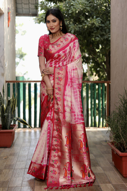 Pink Color Dola Silk Saree With Shibori Print & Zari Weaving Work