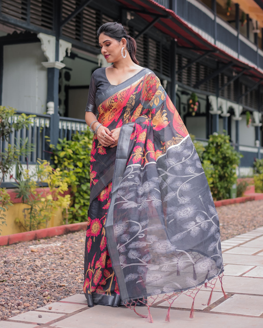 Multi Soft Linen Cotton Saree With Kalamkari Digital Printed Work