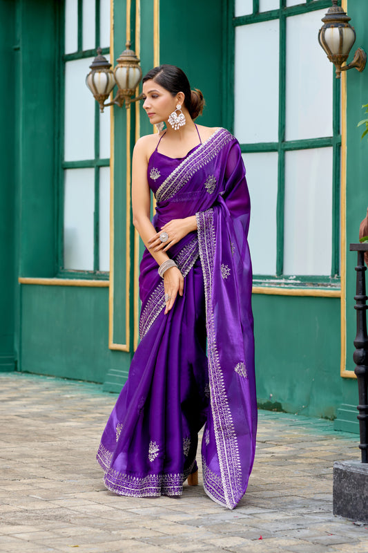 Purple Fancy Shimmer Chiffon Saree With Embroidery Work