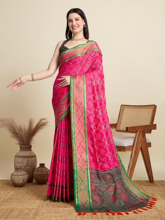 Rani Pink Traditional Patola Silk Saree With Weaving Work