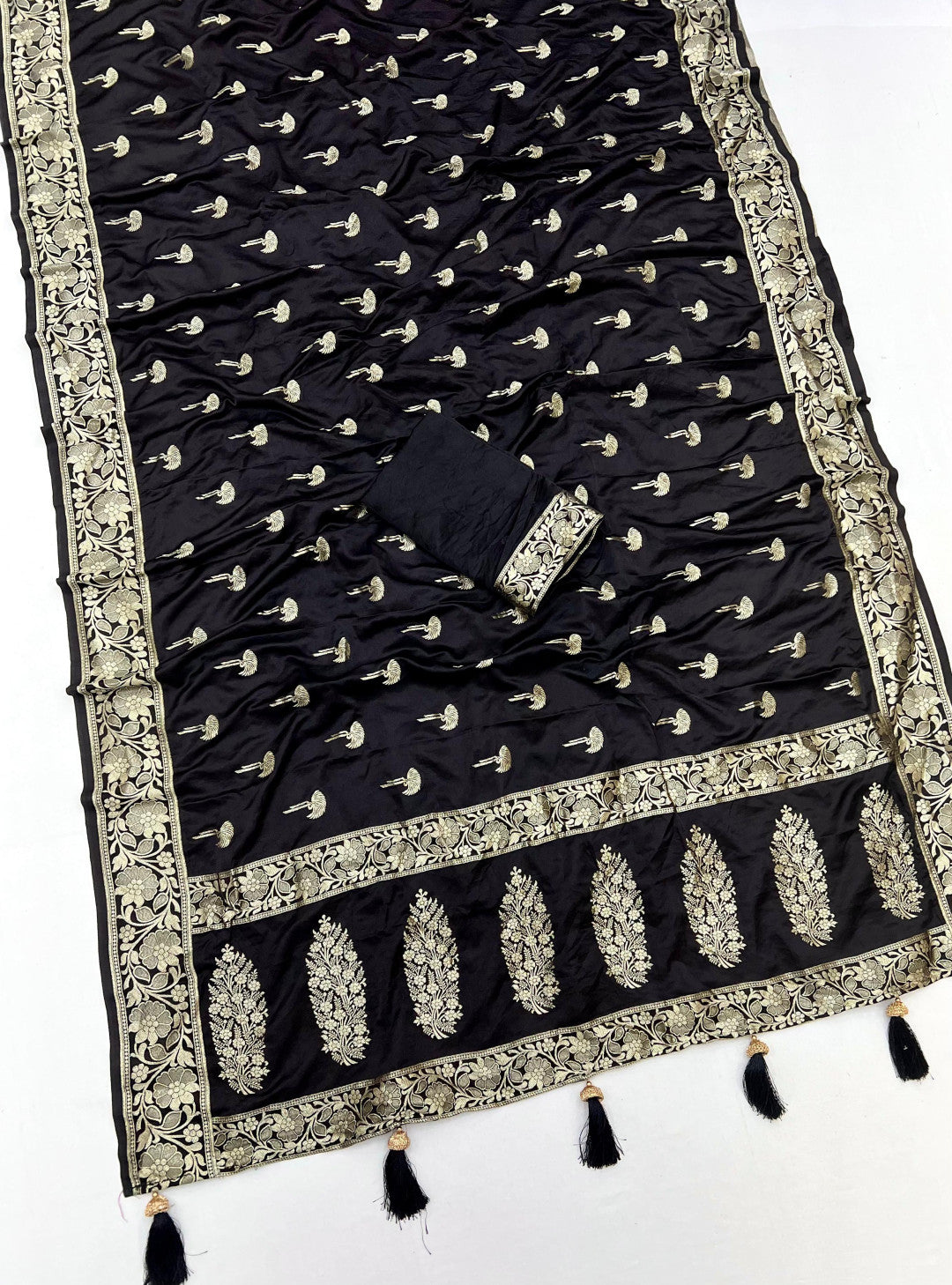 Black Color Soft Viscose Satin Silk Saree With Zari Weaving Work