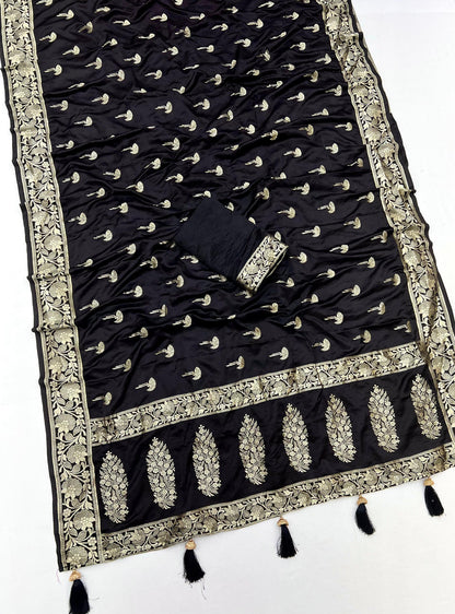 Black Color Soft Viscose Satin Silk Saree With Zari Weaving Work