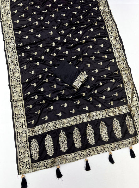Black Color Soft Viscose Satin Silk Saree With Zari Weaving Work