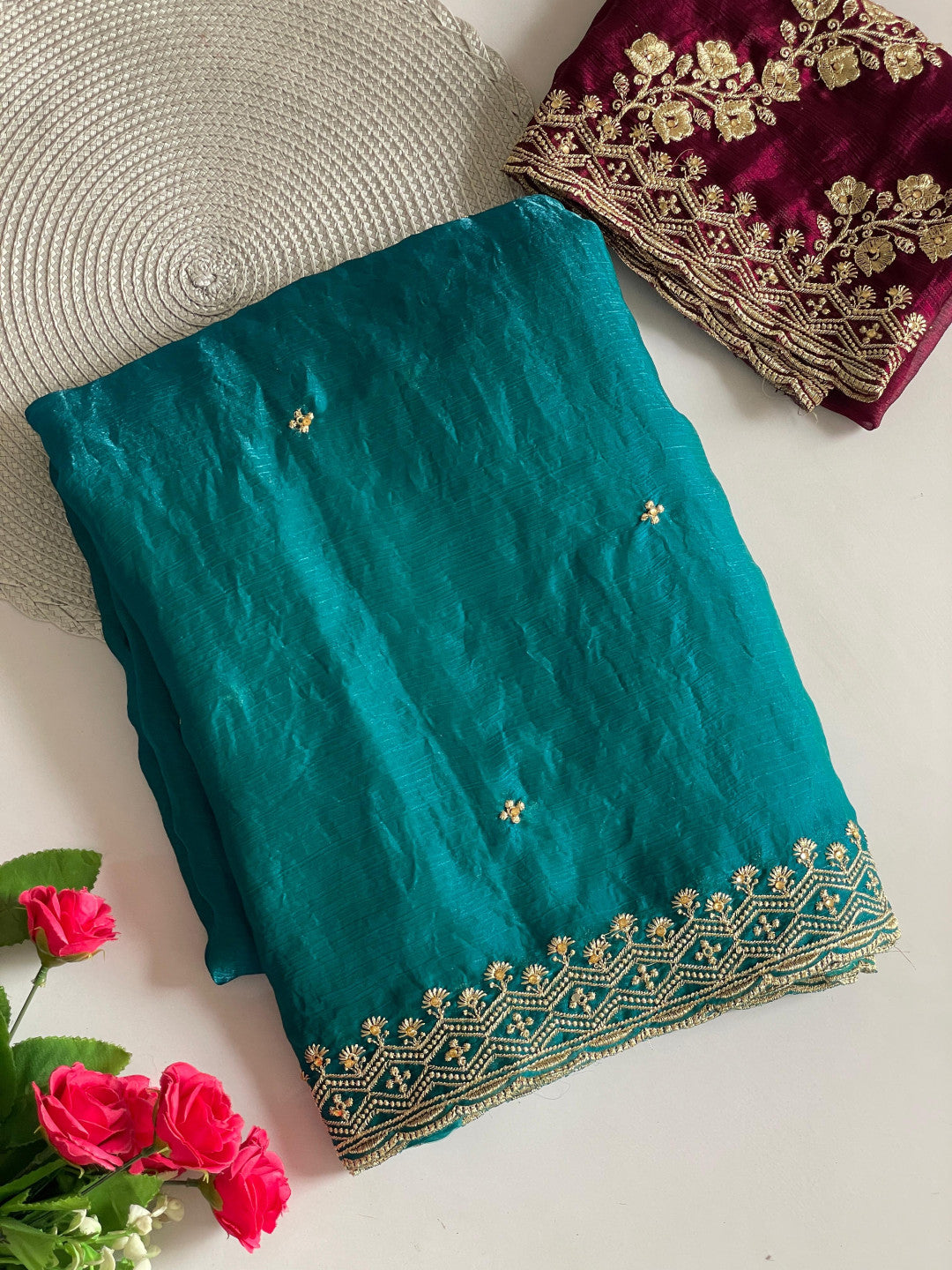 Rama Green Fancy Space Silk Saree With Embroidery & Moti Work
