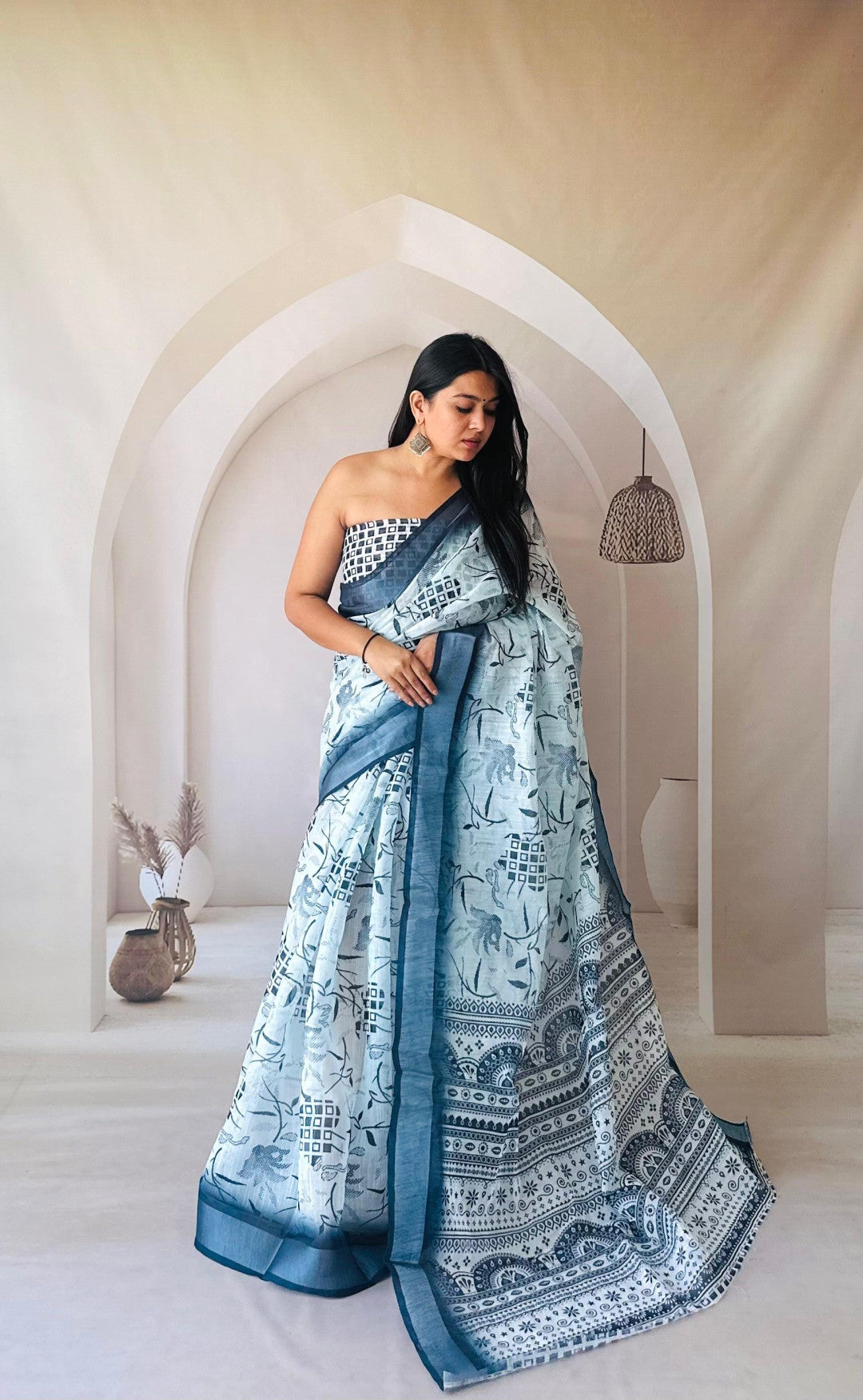 Multi Digital Printed Flowy Linen Cotton Saree