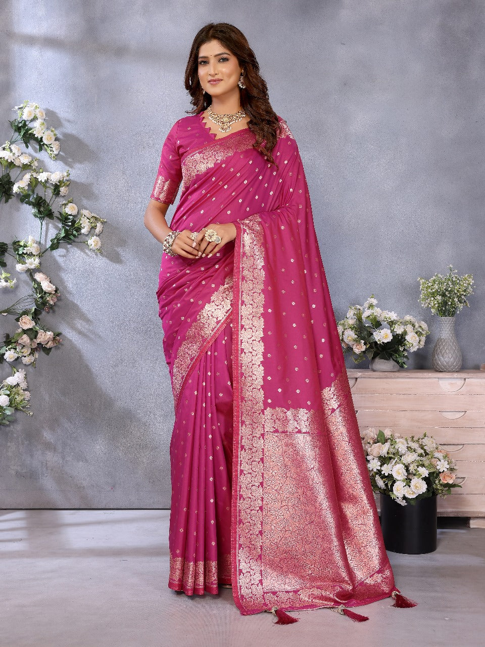 Pink Traditional Banarasi Silk Saree With Zari Weaving Work