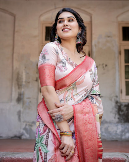 Multi Digital Kalamkari Printed Tussar Silk Saree With Zari Motif Border