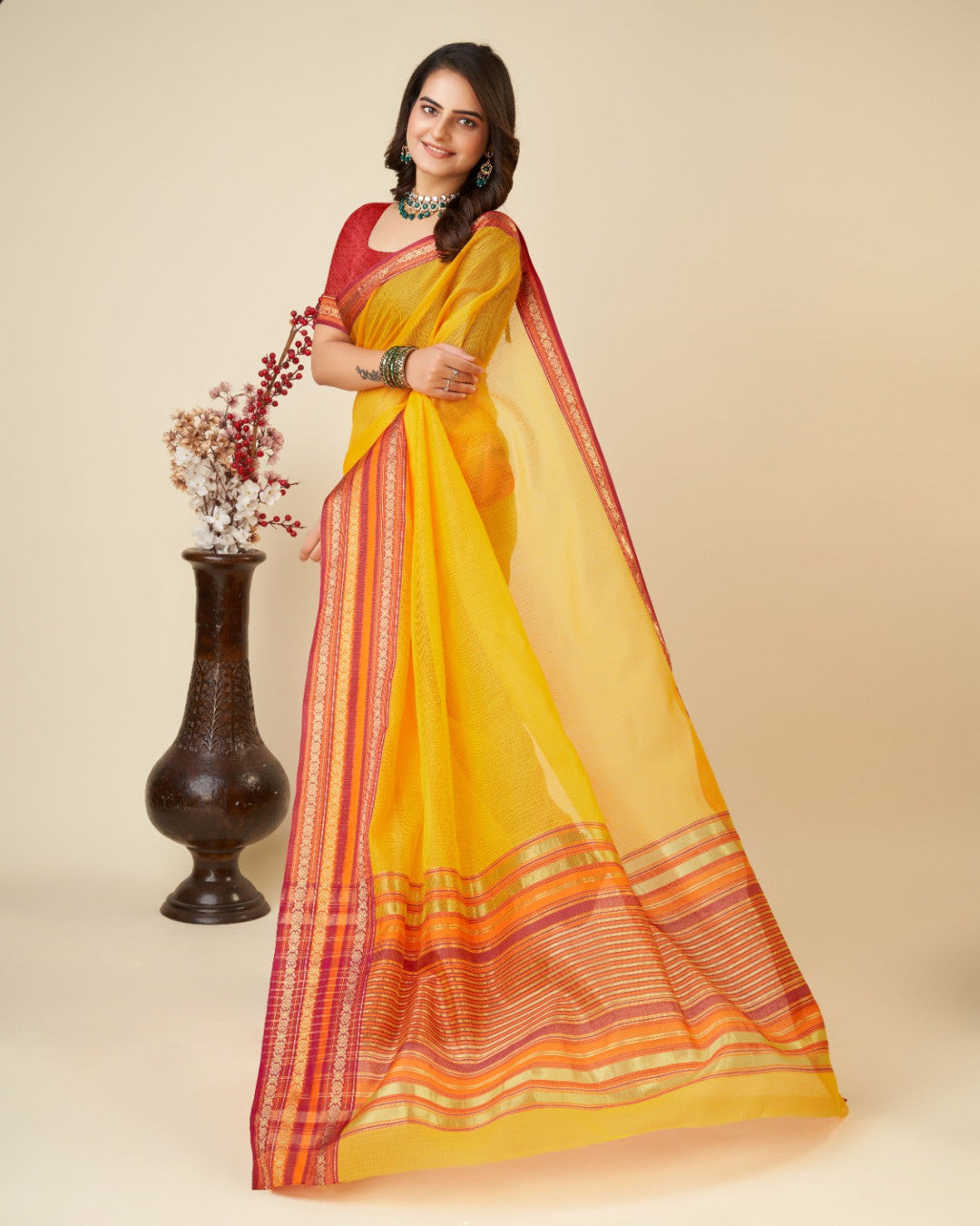 Yellow Color Doriya Cotton Saree With Woven Design