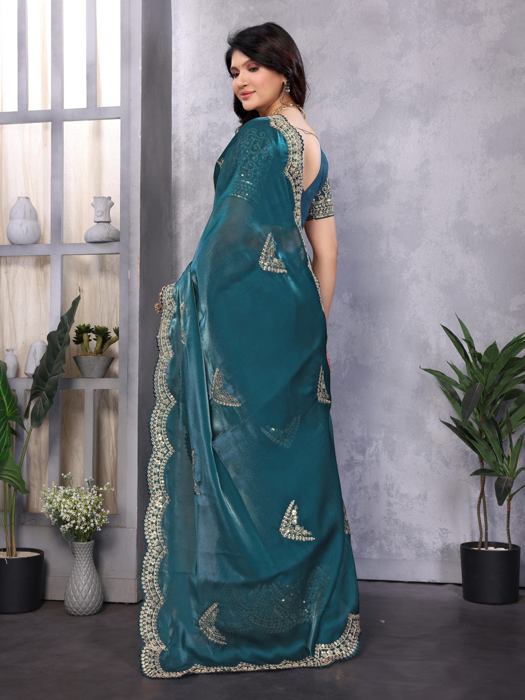 Rama Green Fancy Shimmer Chiffon Saree With Embroidery Work