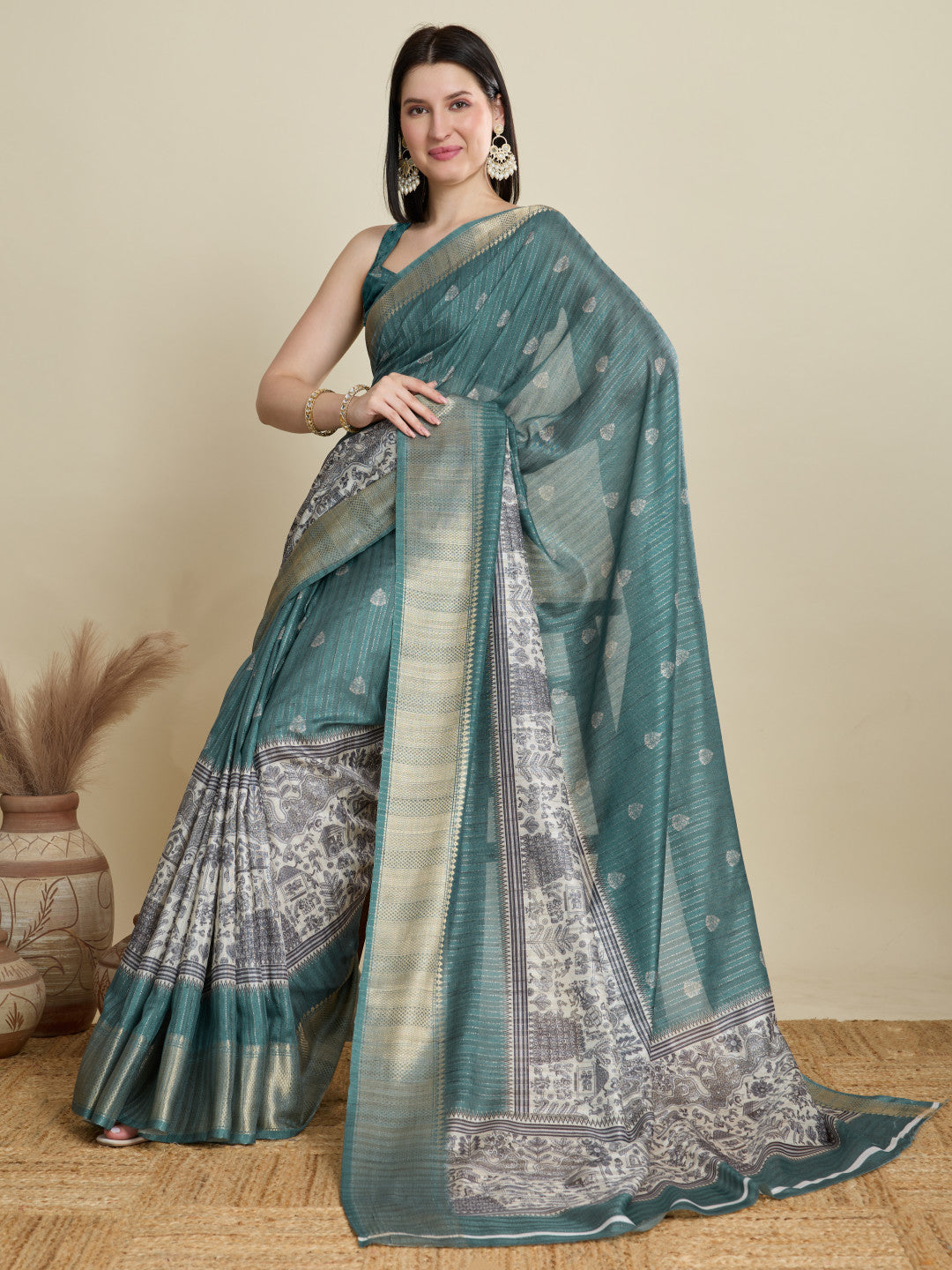 Green Soft Cotton Saree With Kalamkari Digital Printed Pallu & Zari Border