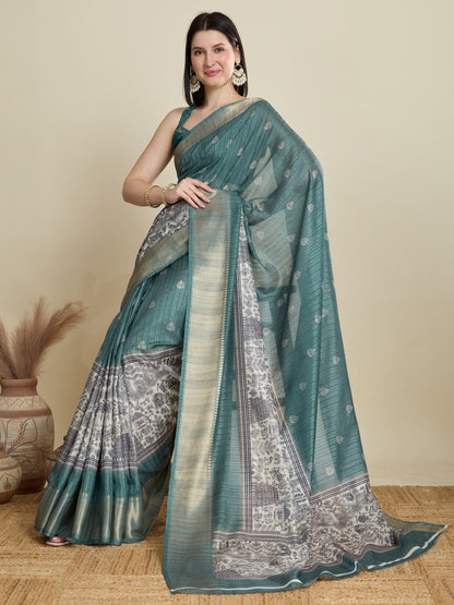 Green Soft Cotton Saree With Kalamkari Digital Printed Pallu & Zari Border