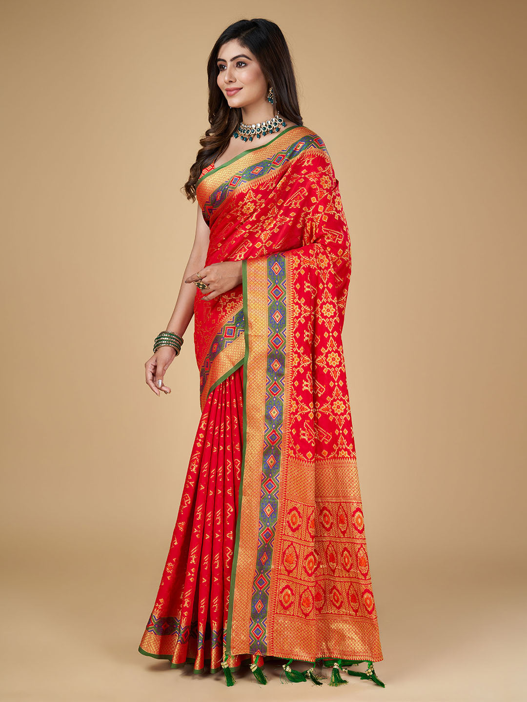 Red Color Patola Silk Saree With Zari Weaving Work