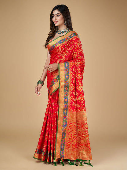 Red Color Patola Silk Saree With Zari Weaving Work
