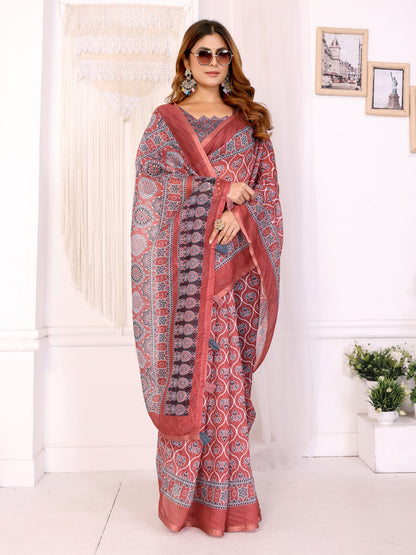 Multi Colour Chanderi Cotton Saree With Digital Printed Work
