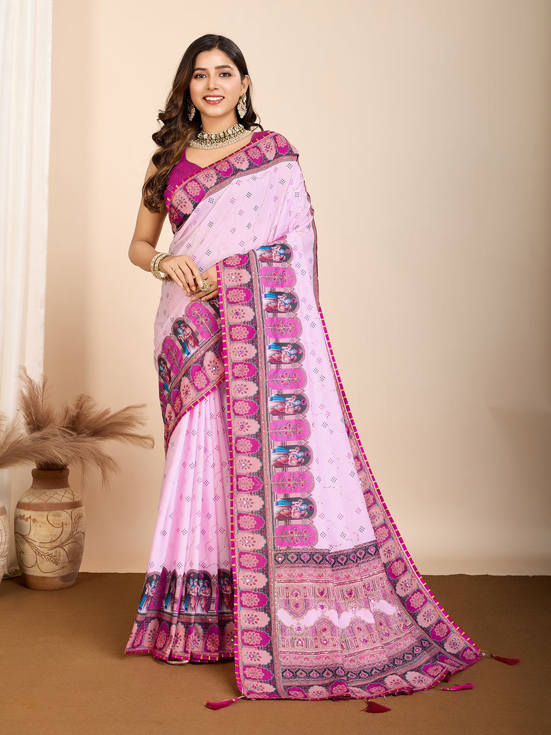 Pink Fancy Muslin Cotton Saree With Digital Printed Work
