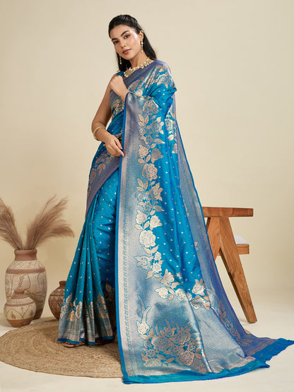 Blue Kanjivaram Silk Saree With Zari Weaving Border & Designer Rich Pallu
