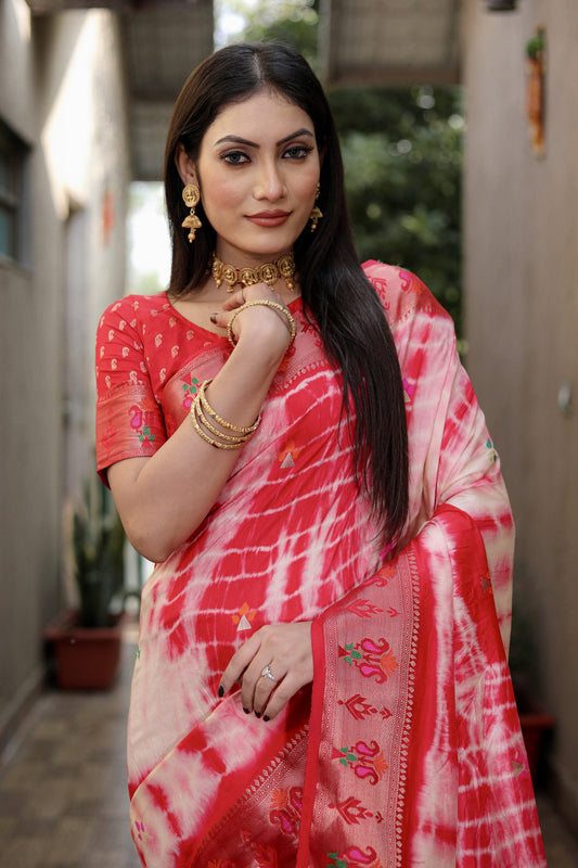Red Color Dola Silk Saree With Shibori Print & Zari Weaving Work