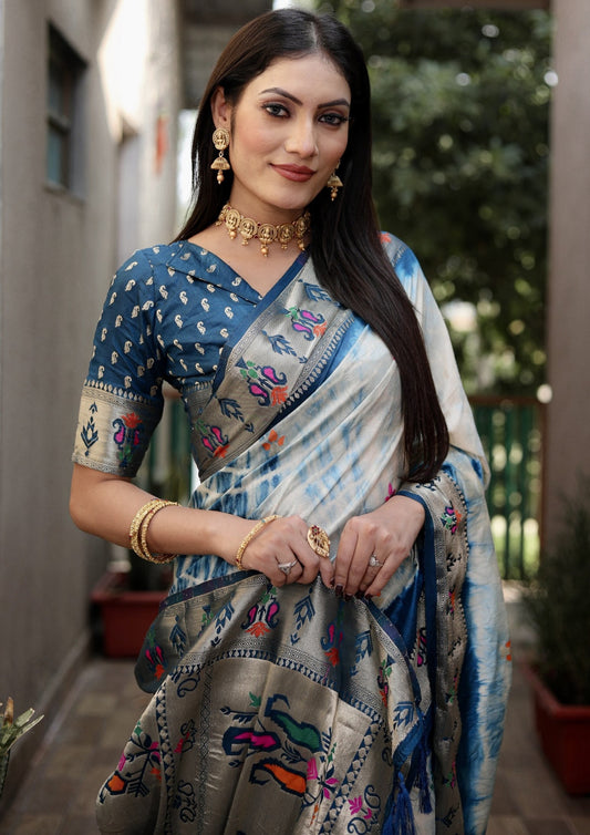 Firoji Color Dola Silk Saree With Shibori Print & Zari Weaving Work