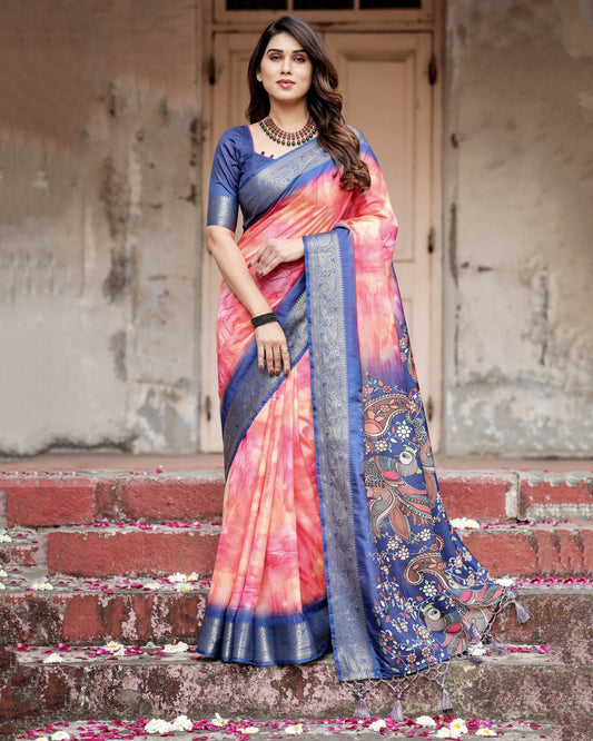 Pink Kalamkari Digital Printed Dola Silk Saree With Gold Zari Border