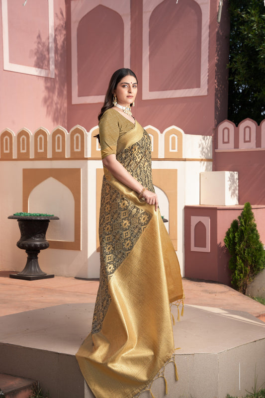 Brown Cotton Ikkat Silk Saree With Zari Woven Work