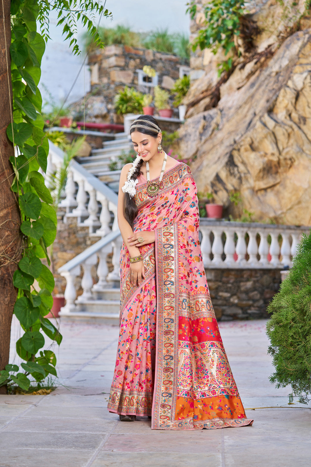 Peach Color Banarasi Silk Saree With Zari Weaving Work